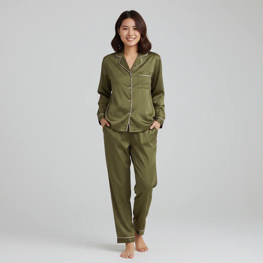 Premium Silk Pajama Suit - Olive